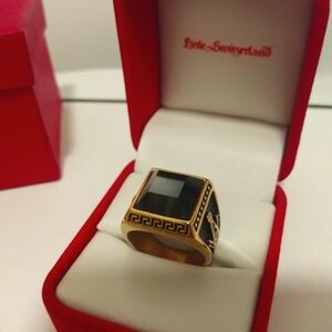 Black Onyx Greek Key Versace Gold Plated Men's Statement Ring Size 8
